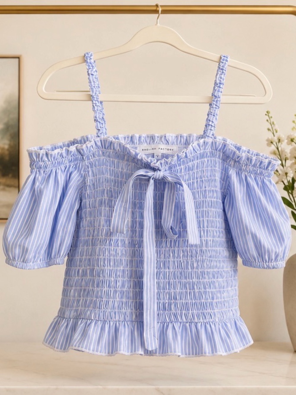 English Factory Light Blue Striped Smocked Off-Shoulder Top
